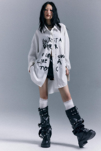 Graffiti Print Striped Long-Sleeved Shirt