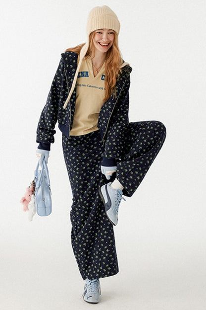 Navy Blue Floral Hooded Jacket Set-Up
