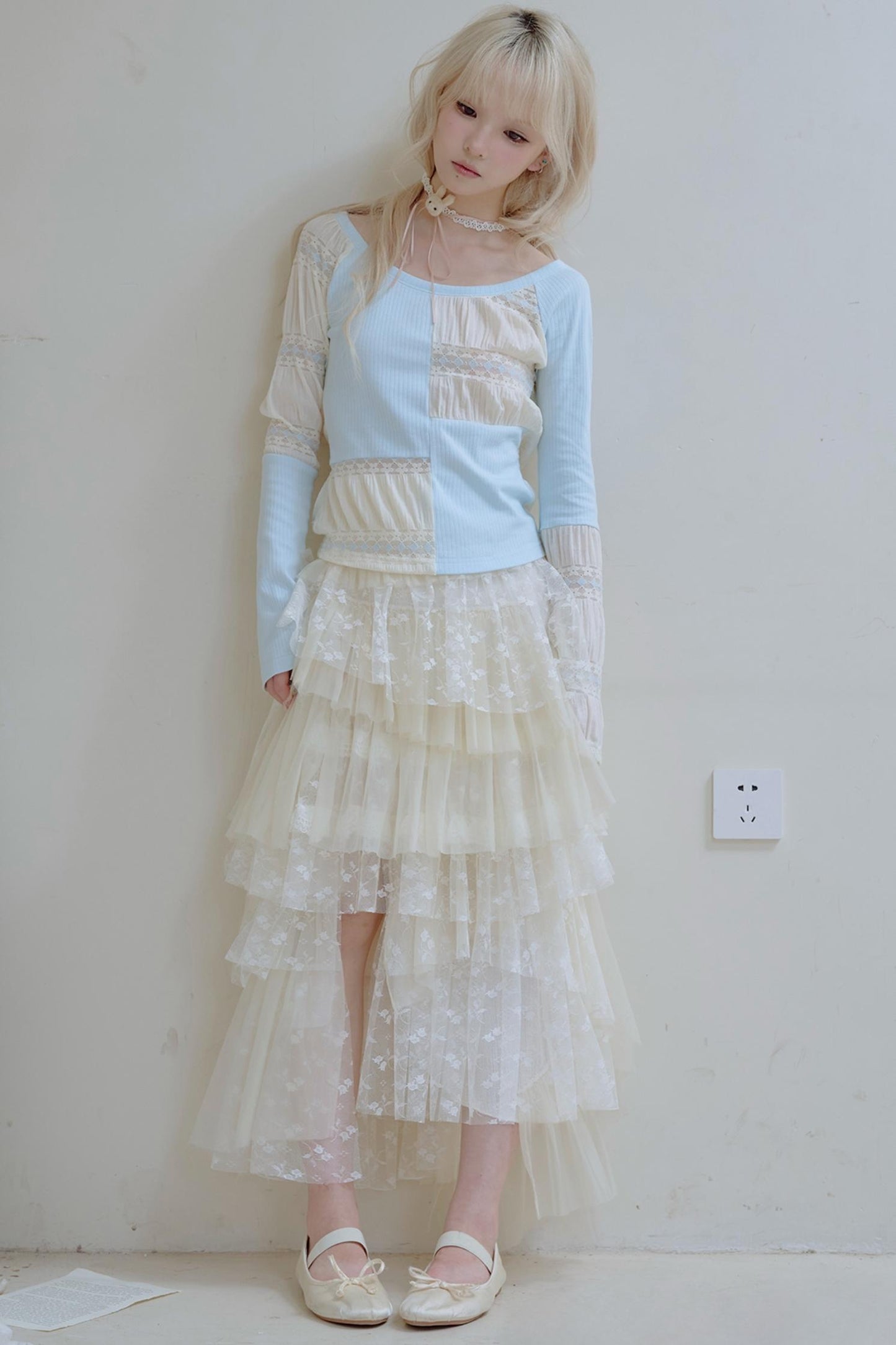 Beige Lace Patchwork Chiffon Skirt