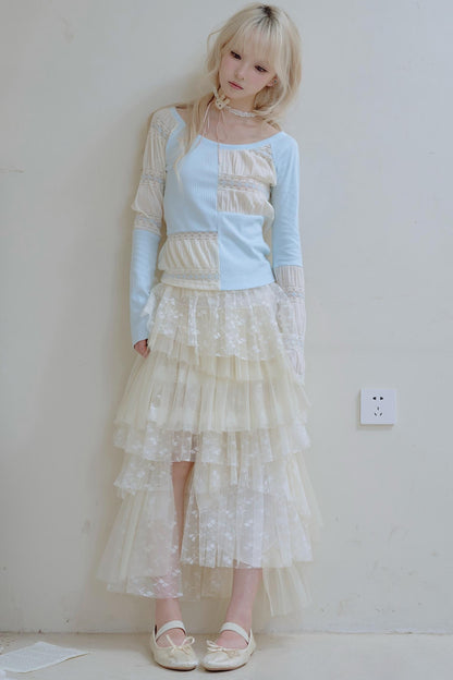 Beige Lace Patchwork Chiffon Skirt