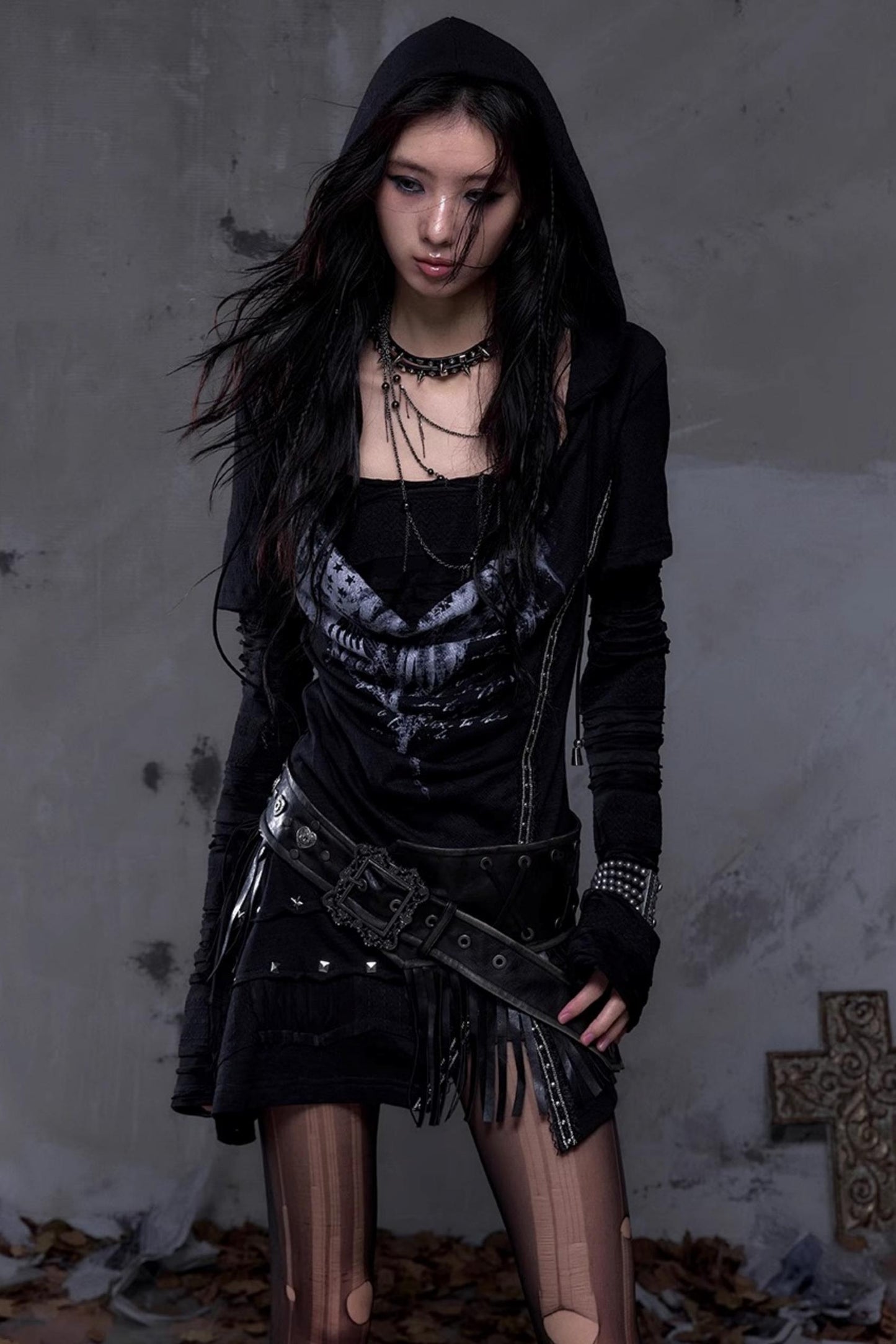 Rock Swing Collar Print Long Sleeve Dress