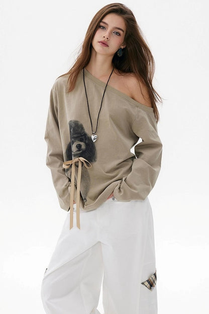 Khaki Bow knot Off-Shoulder T-Shirt