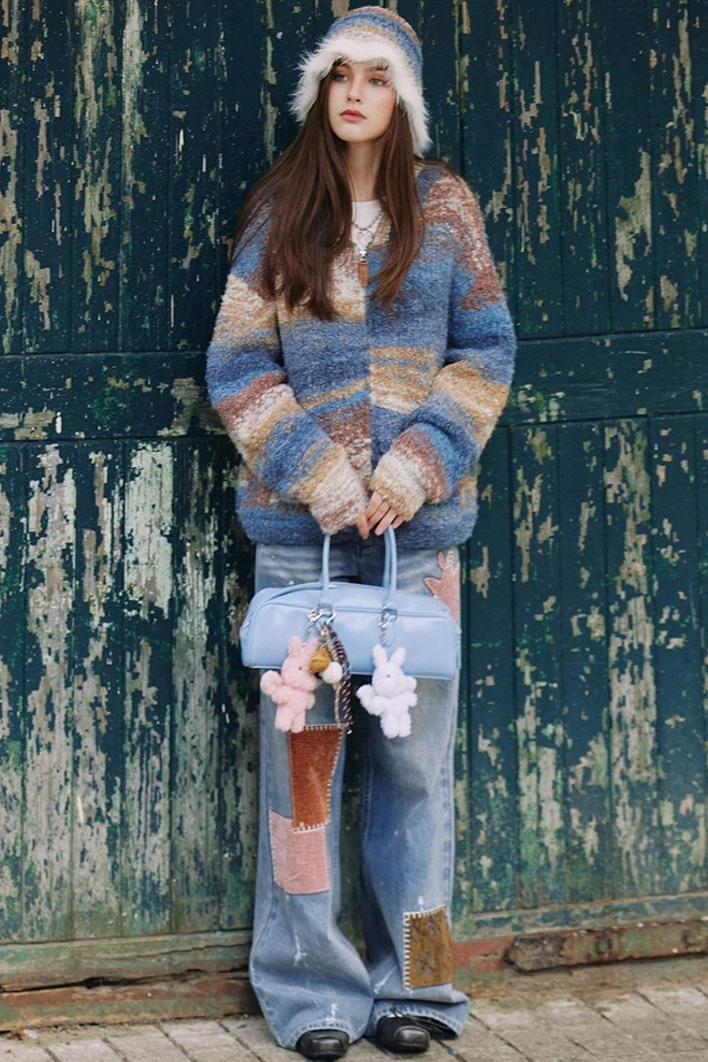 Blue Gradient Hooded Wool Cardigan