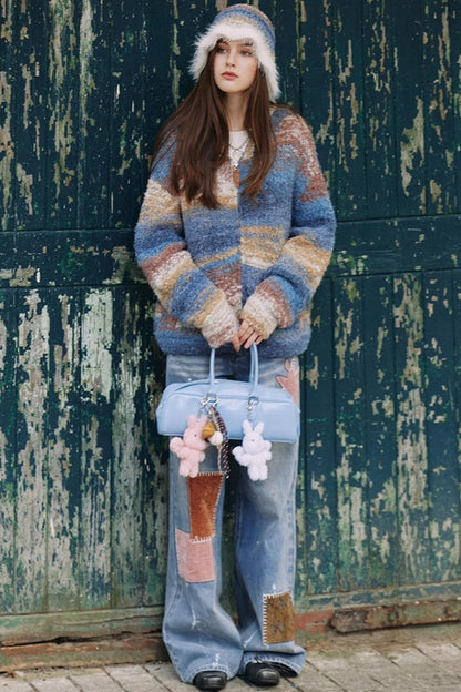 Blue Gradient Hooded Wool Cardigan