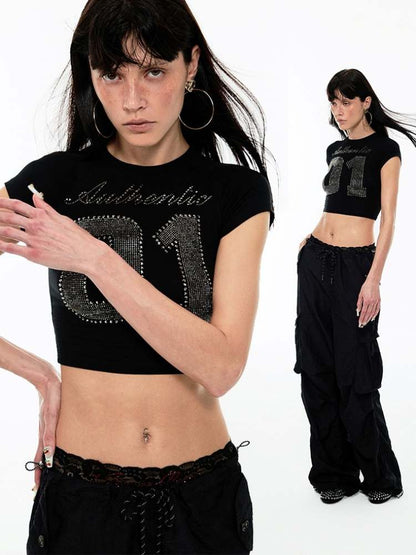 Rhinestone Numbers Cropped Tee