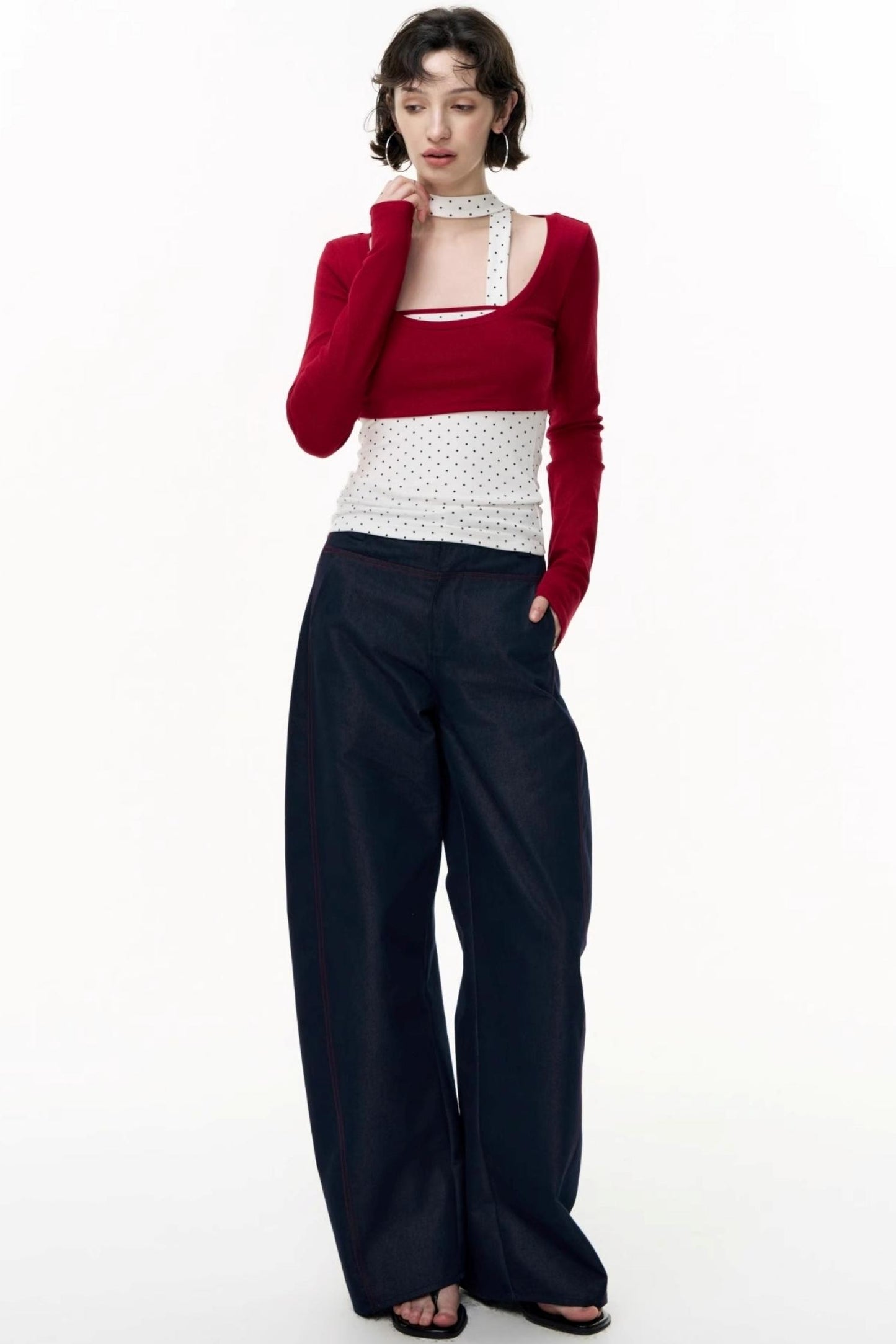 Contrast Long-Sleeved Top With Bandeau Set