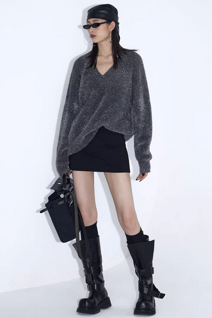 Silberner Faden V-Ausschnitt Strickpullover