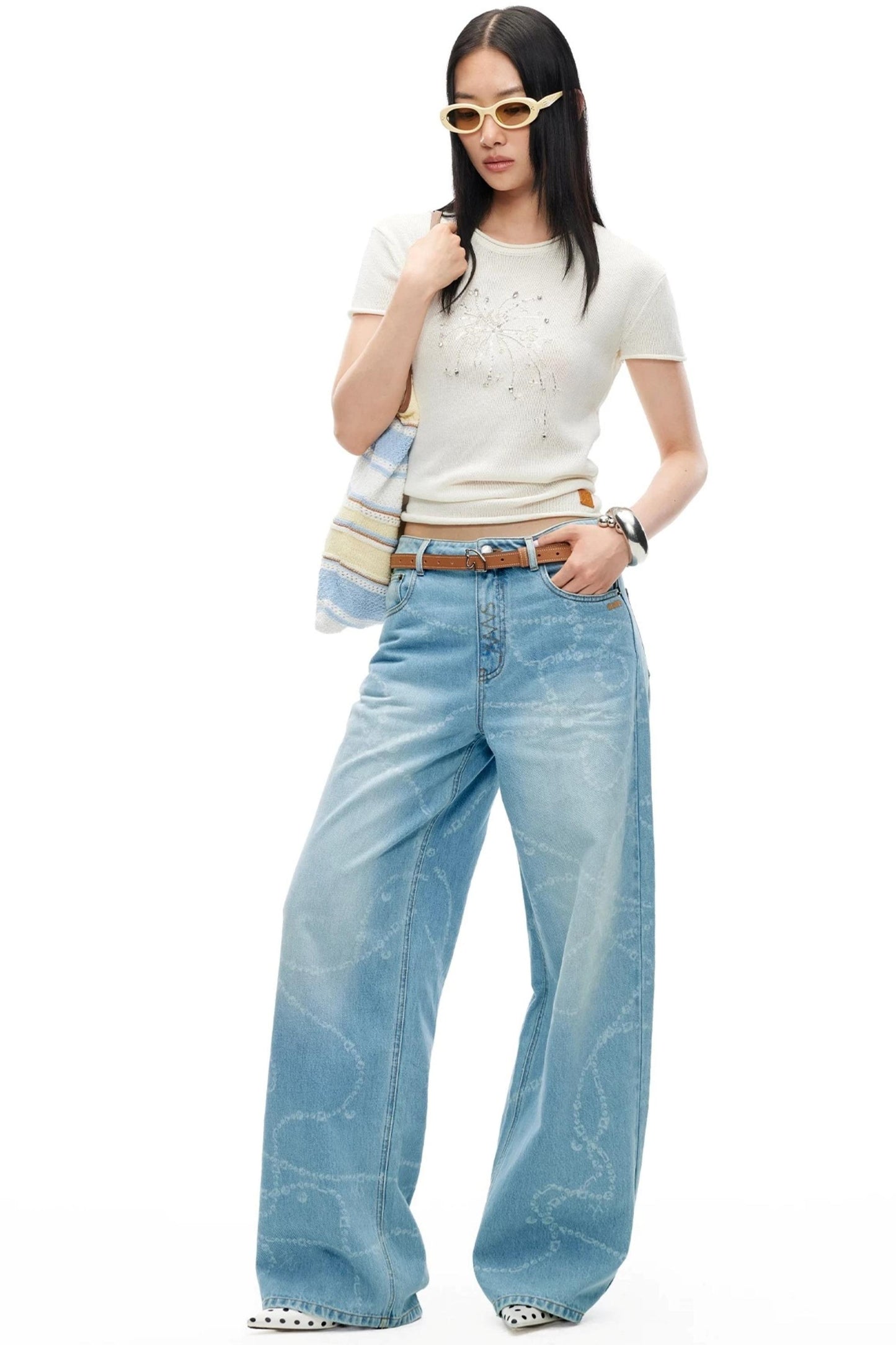 Washed Laser Print Denim Pants