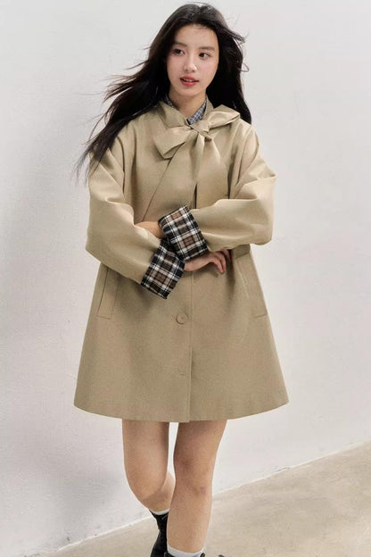 Vintage Bow Plaid Trench Coat