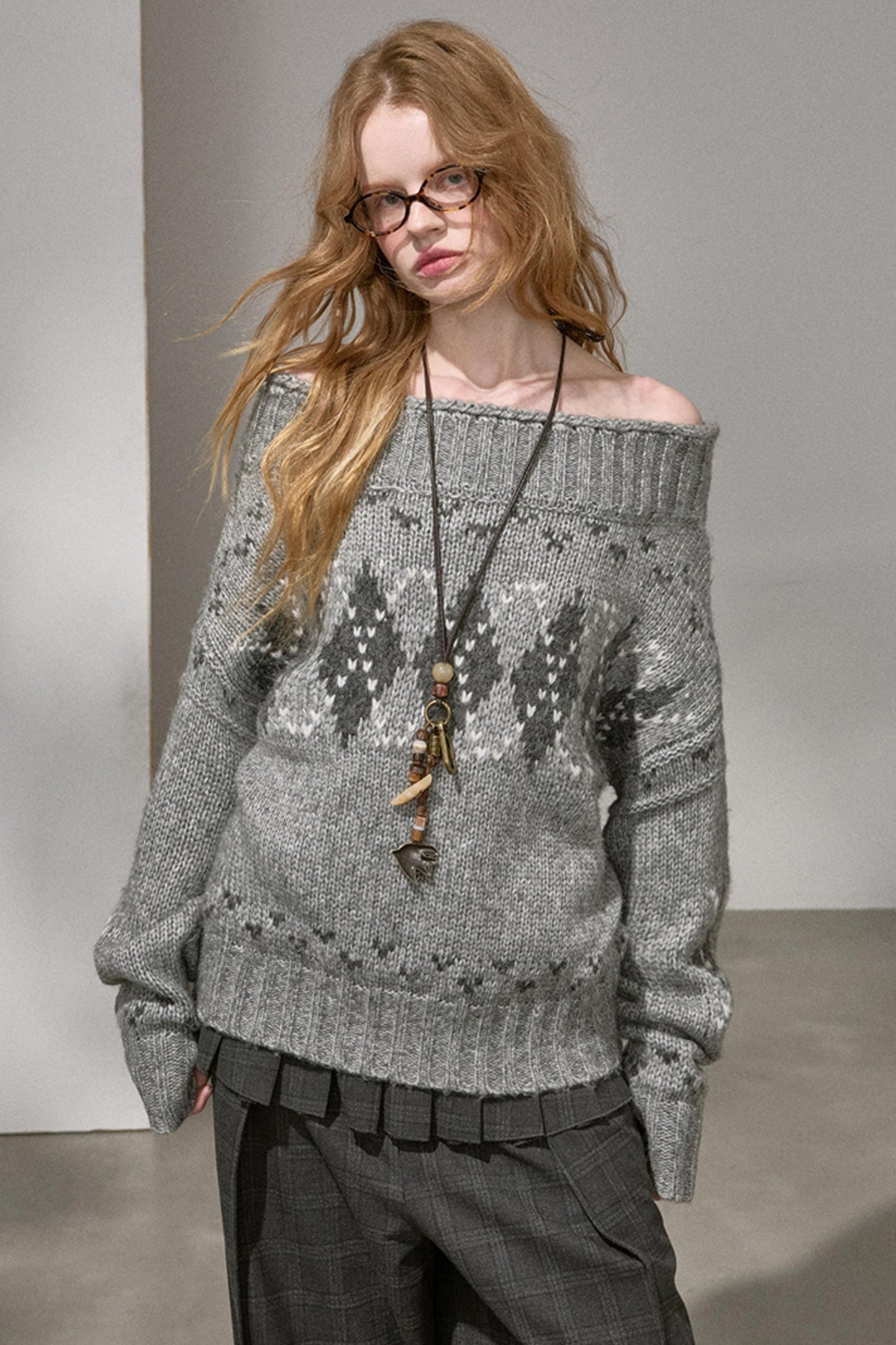 Thick Knit Argyle Off-Shoulder Top