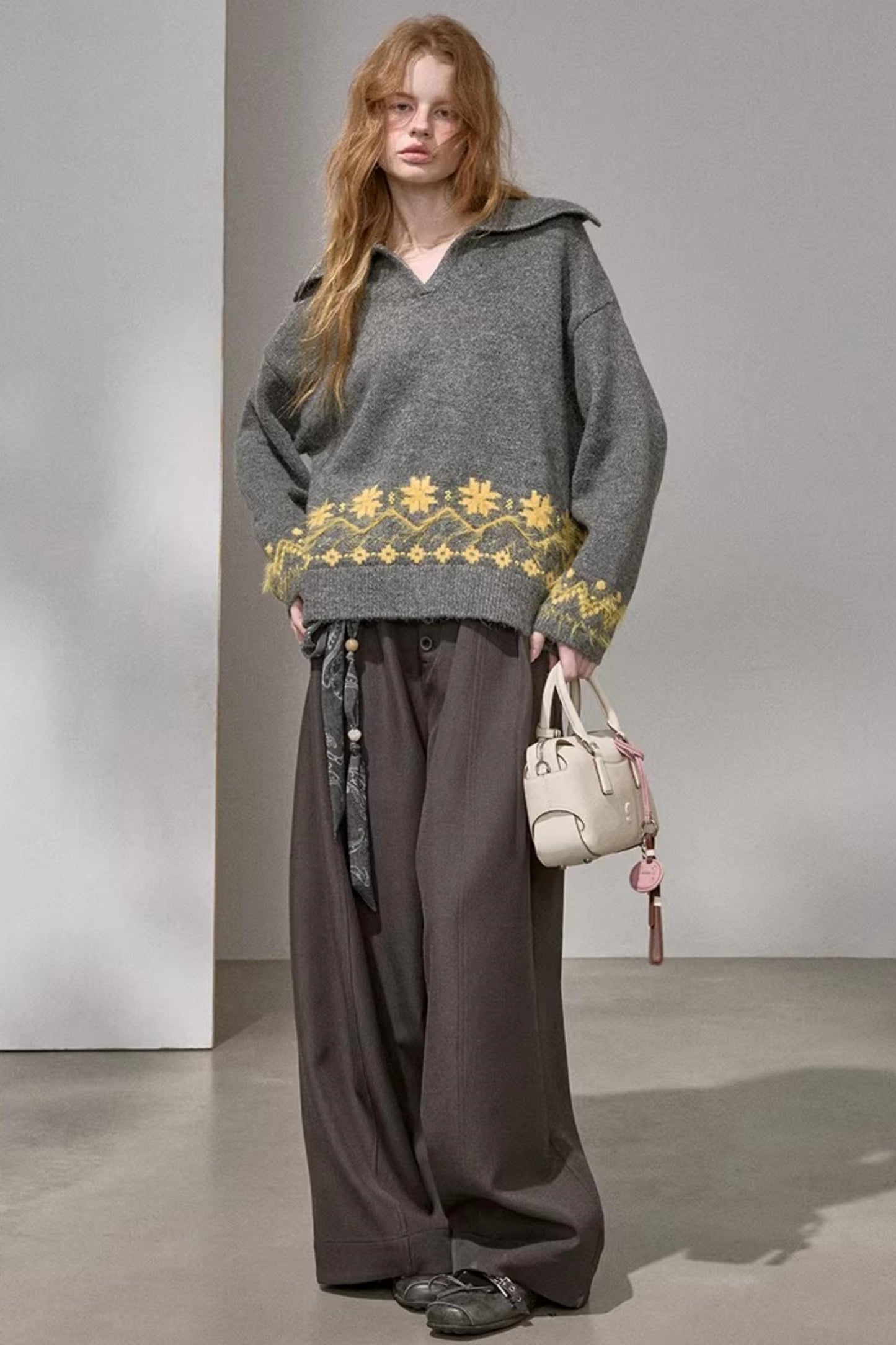 Lace-Up Collar Sweater Set-Up