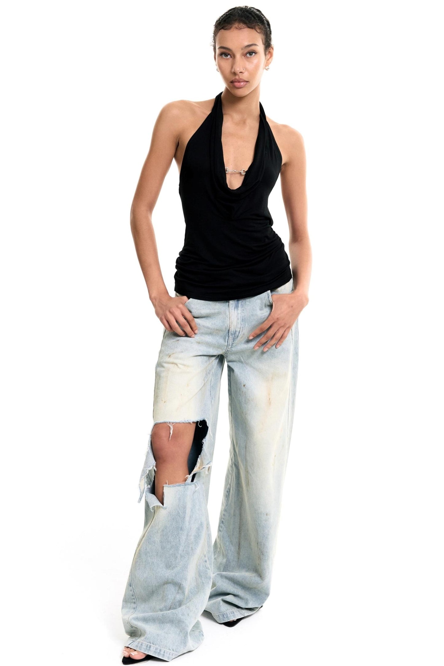 Chain-Tie Halterneck Swing-Neck Camisole Top