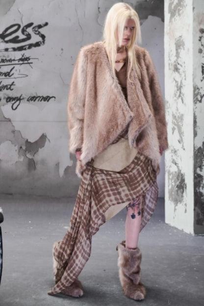 Chiffon Panel Ruffled Irregular Leather Skirt