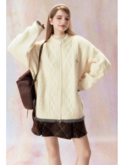 Double Zipper Jacquard Knit Cardigan