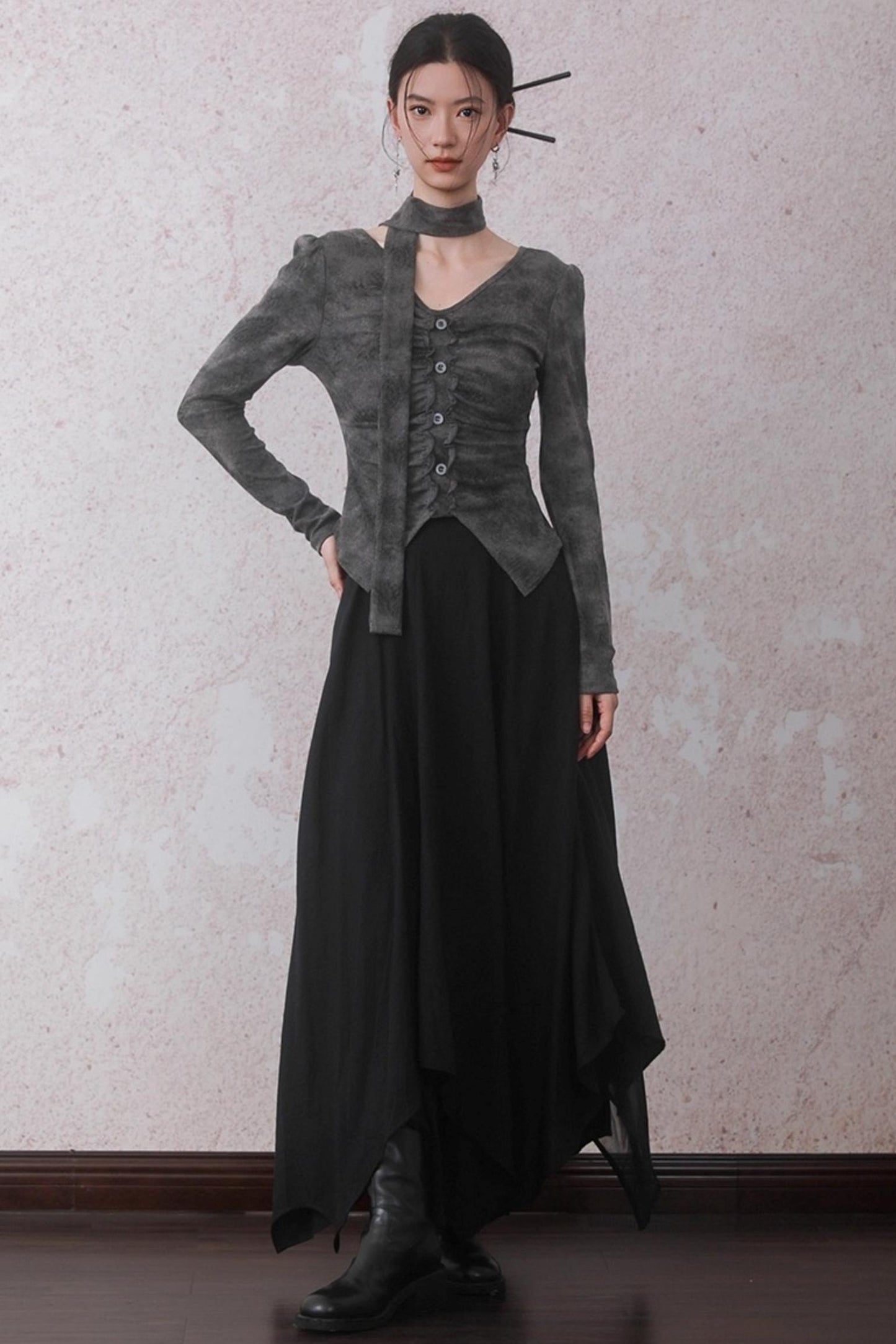 Autumn Gray Tie-dye Knitted V-Neck T-Shirt