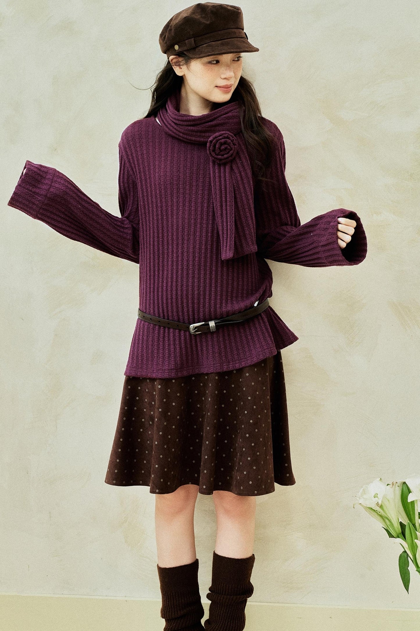 Purple Strip Knit Gray Woolen Jacket Set-Up