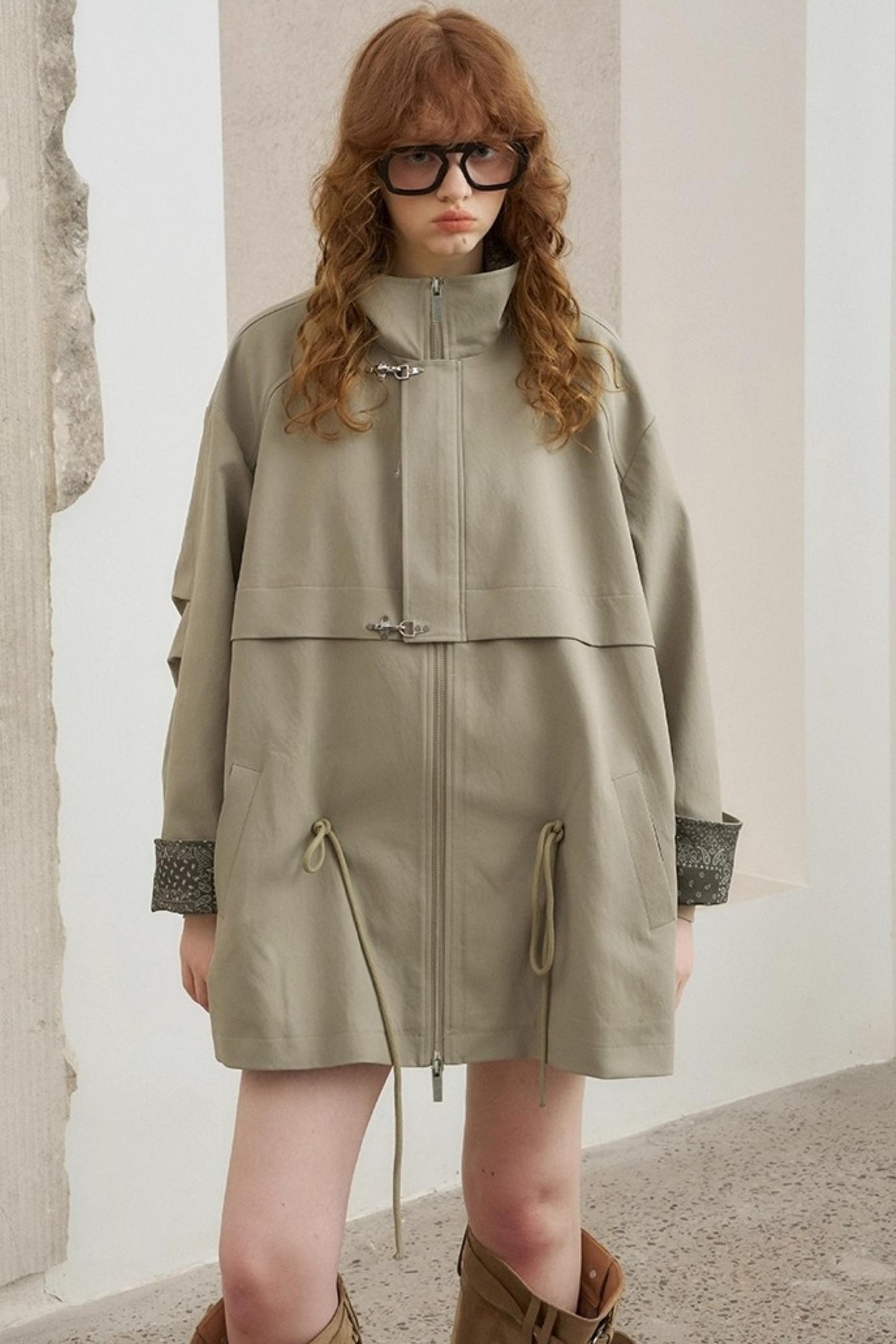 Contrast Windproof Drawstring Midi Trench Coat