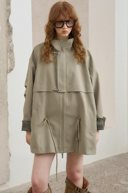 Contrast Windproof Drawstring Midi Trench Coat