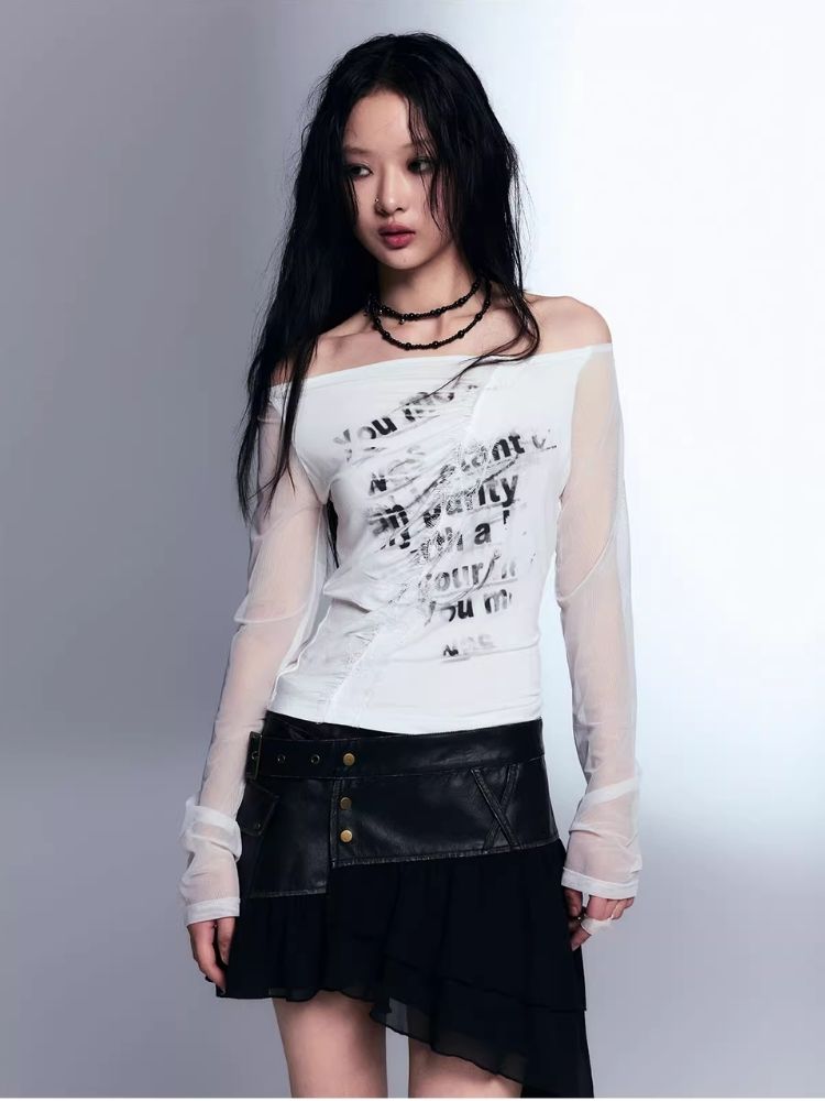 One shoulder spliced mesh long sleeve t-shirt