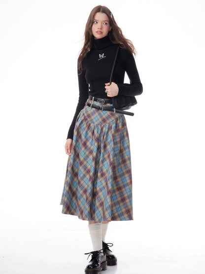 High waist plaid pleated half-body skirt