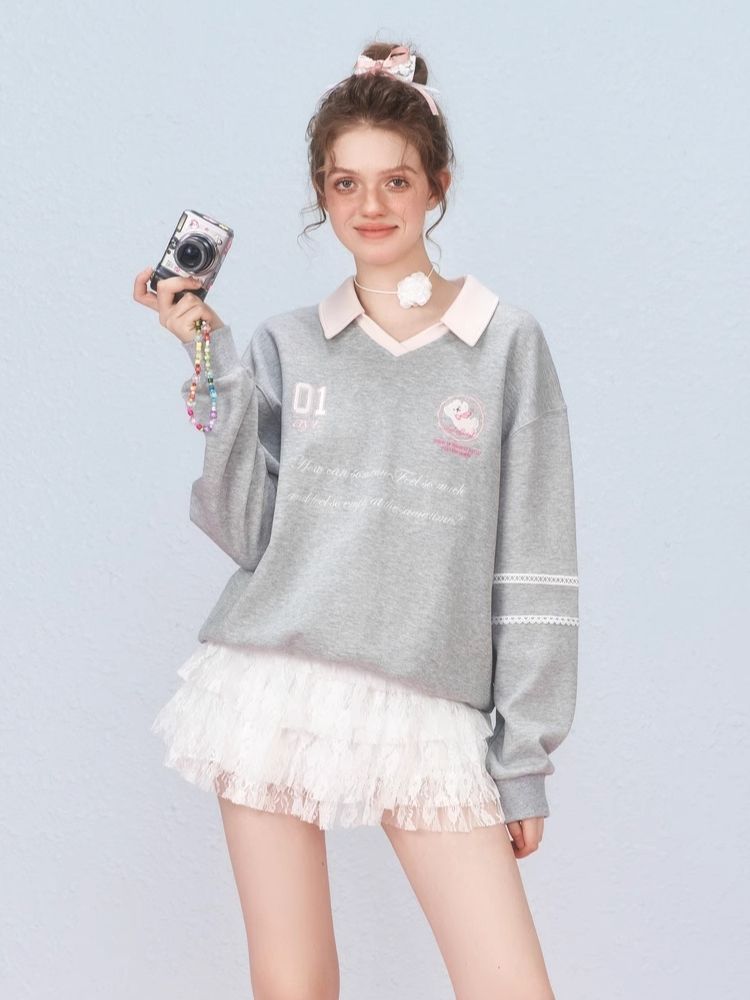 Ballet style embroidered jersey pullover sweater