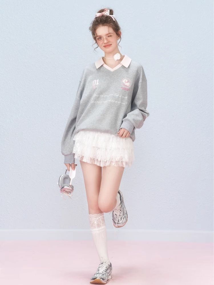 Ballet style embroidered jersey pullover sweater