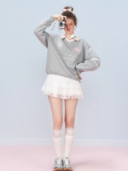 Ballet style embroidered jersey pullover sweater