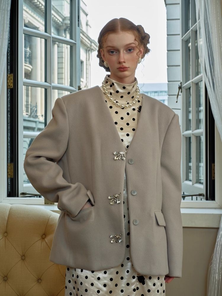 V-Neck Diamante Button High-Level Coat