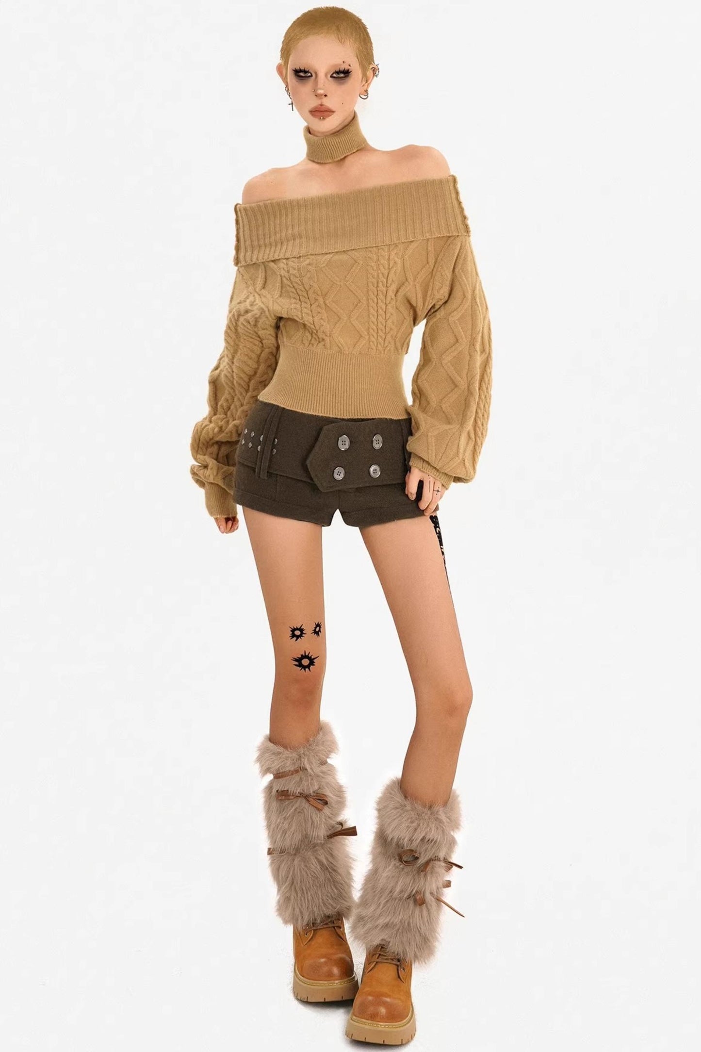 Retro Off-Shoulder Camel Sweater