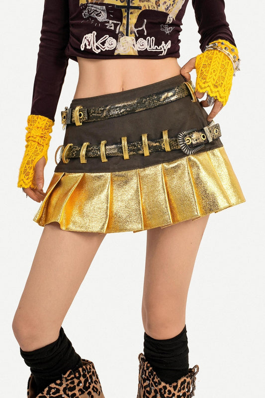 Gold Patchwork Pleated Skirt