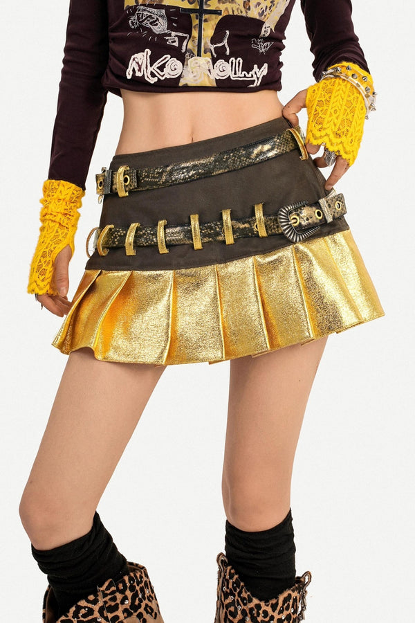 Gold Patchwork Pleated Skirt