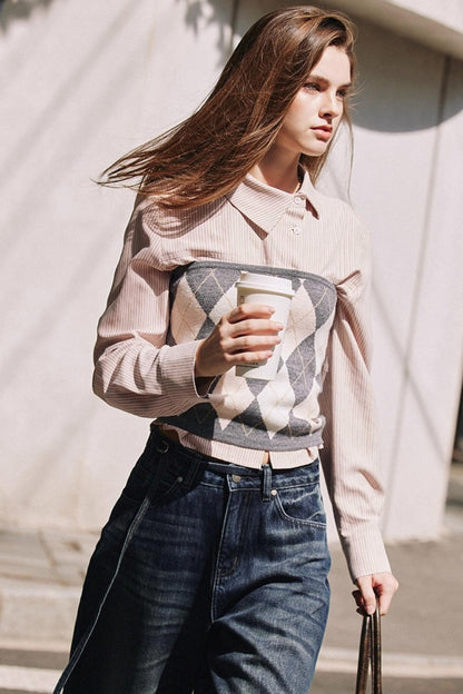 Striped Asymmetrical Slanted Placket Shirt Set-Up