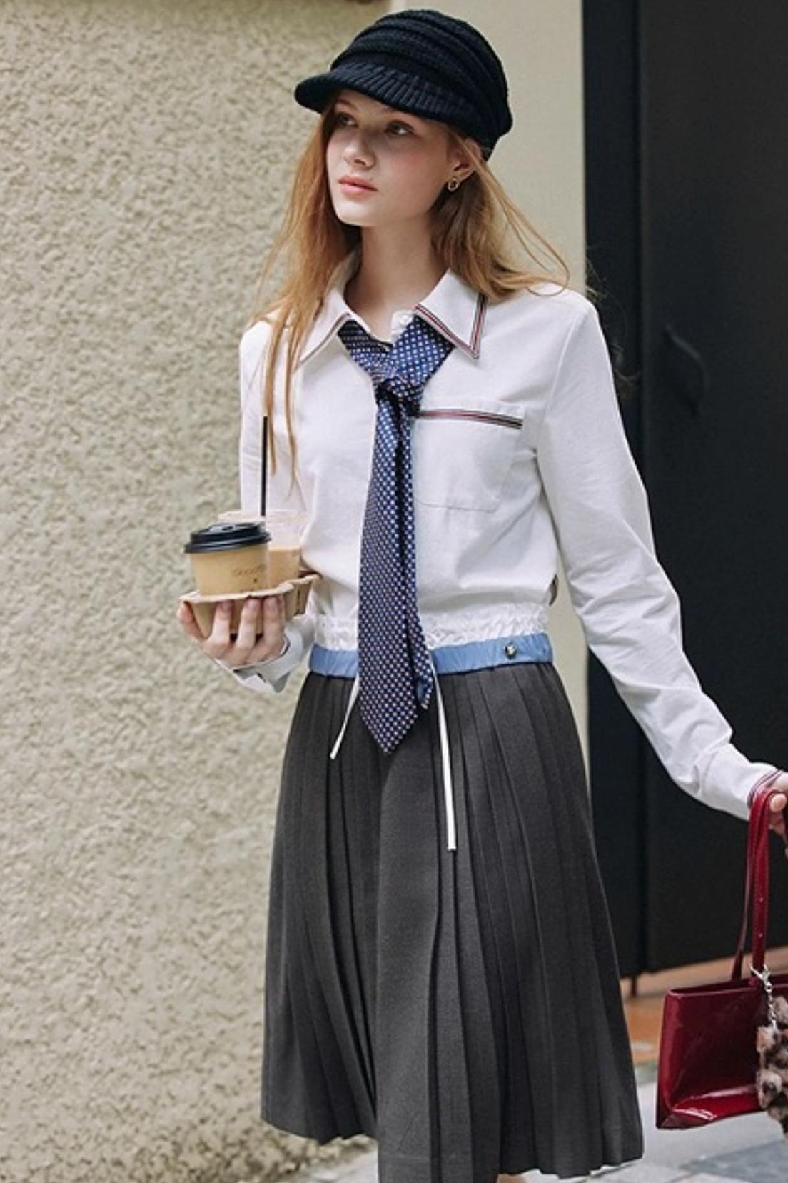 Gray Wool Blend Pleated Skirt