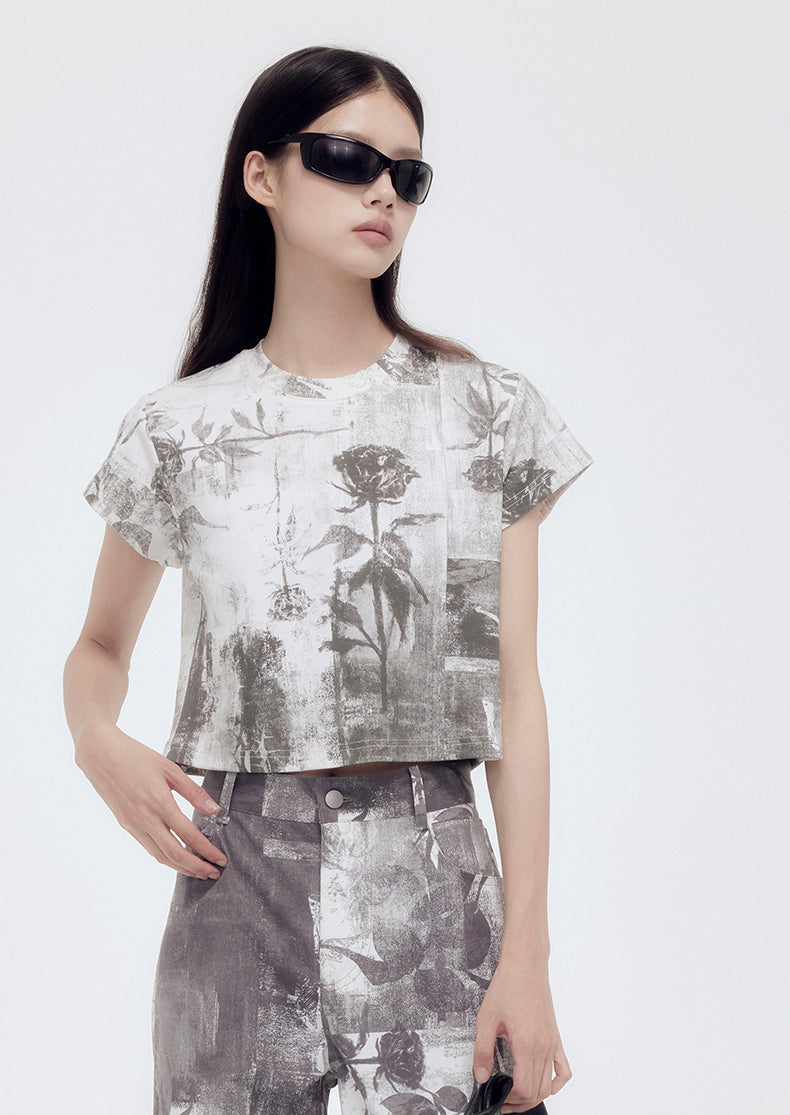 Botanical Pattern Short Round Neck T-Shirt