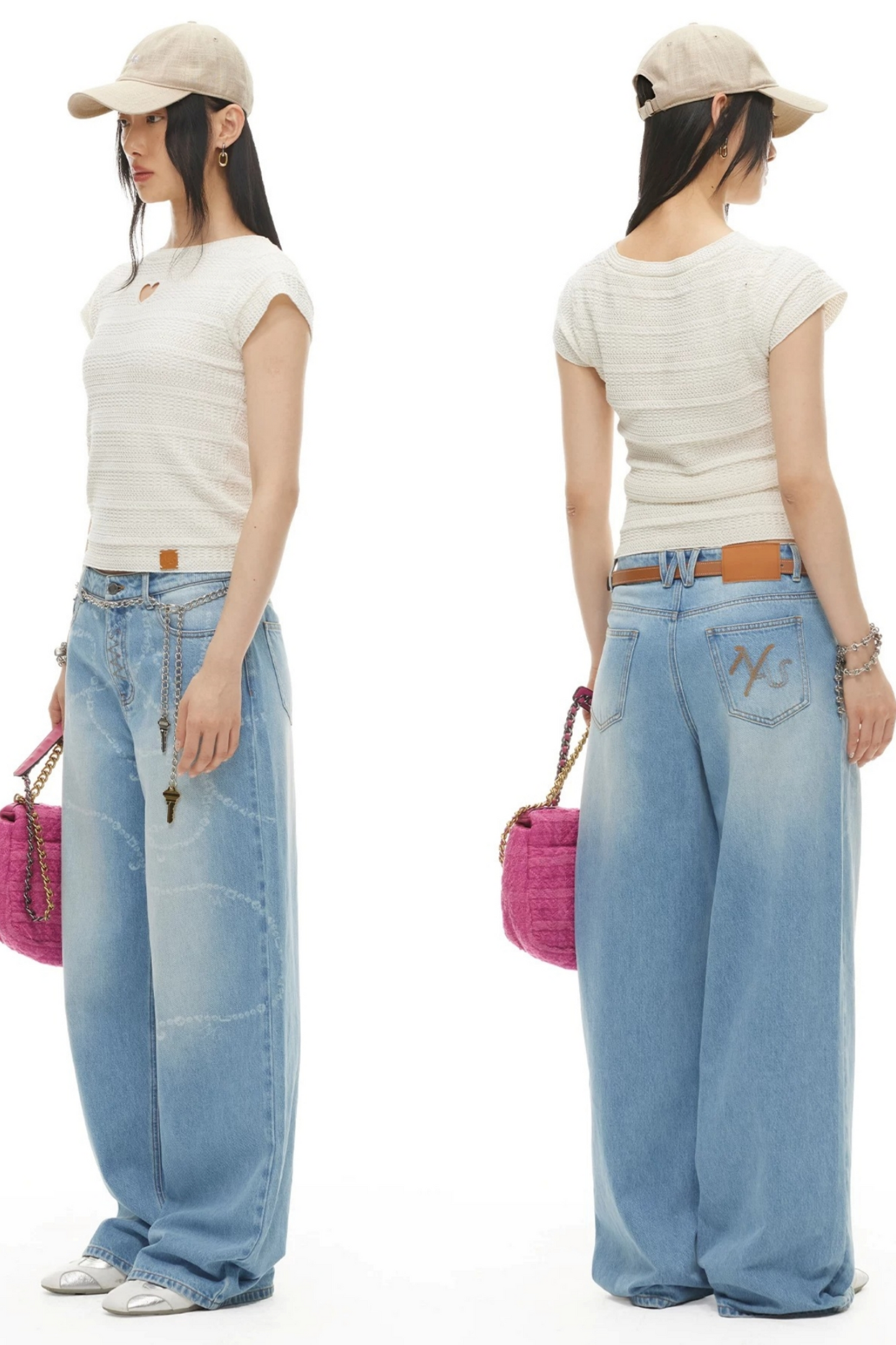 Wide-Leg Diamond Chain Jeans