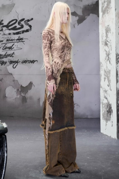 Beaded V-Neck Ruffled Skin Top