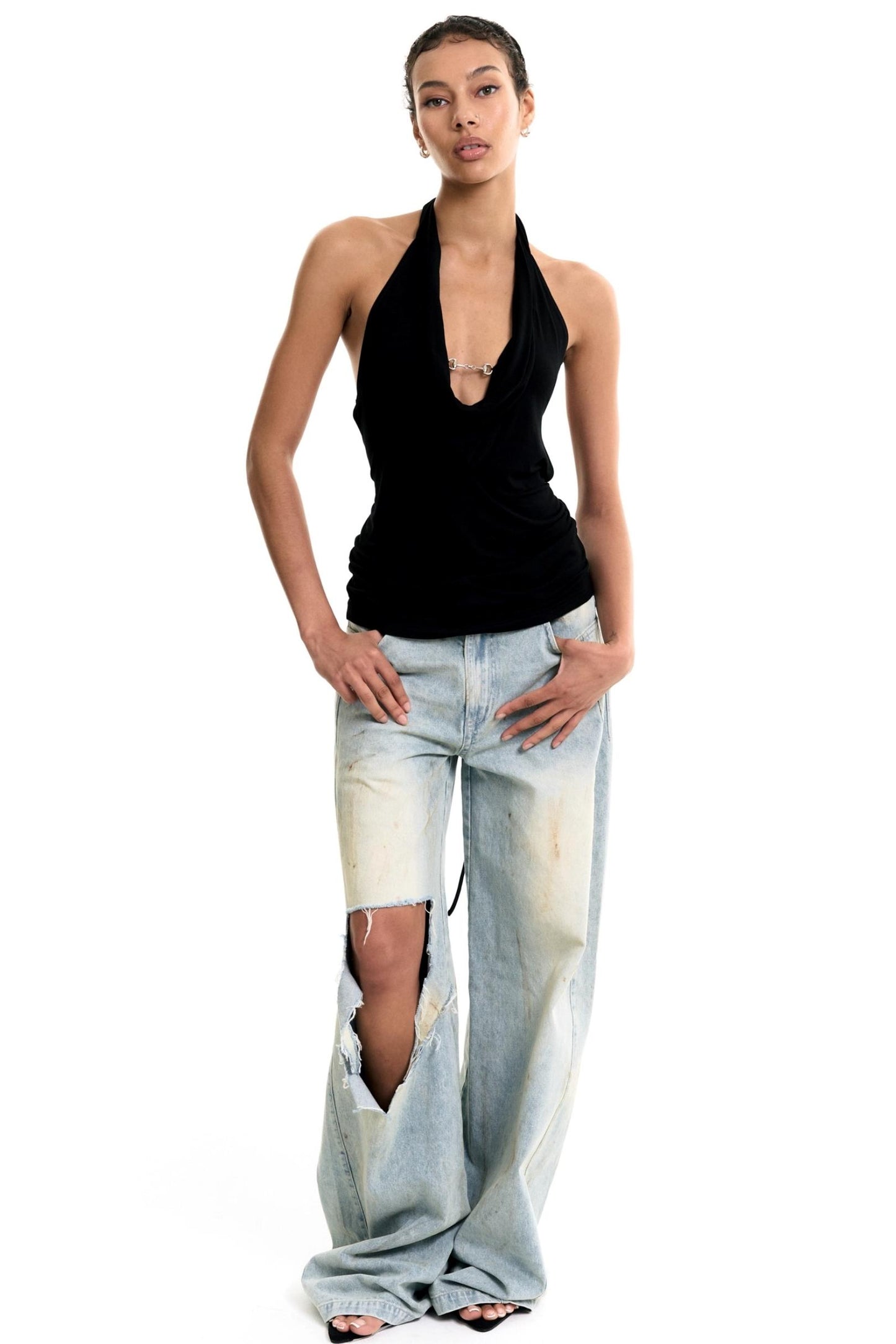 Chain-Tie Halterneck Swing-Neck Camisole Top