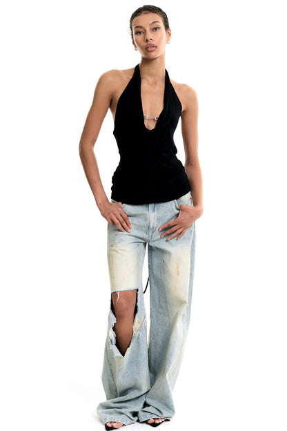 Chain-Tie Halterneck Swing-Neck Camisole Top