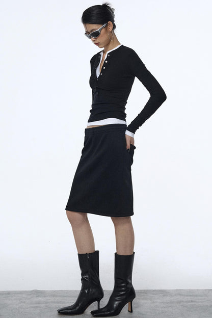 Black Elastic Waist Winter Skirt