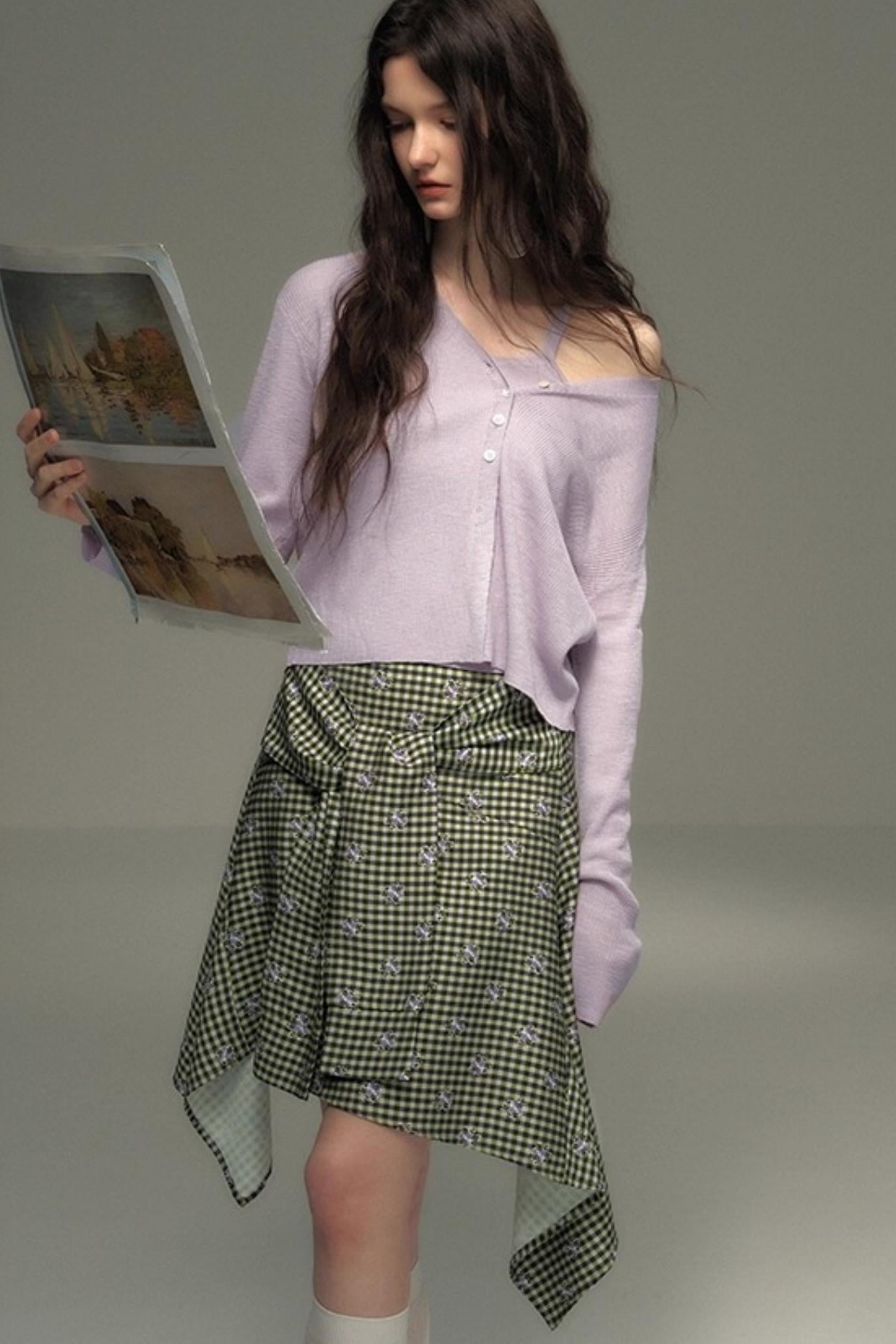 Retro Green Check Lace-Up Skirt