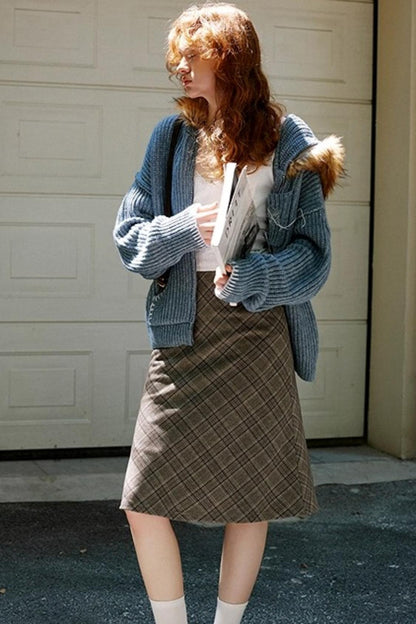 Fur Collar Cable Knit Cardigan