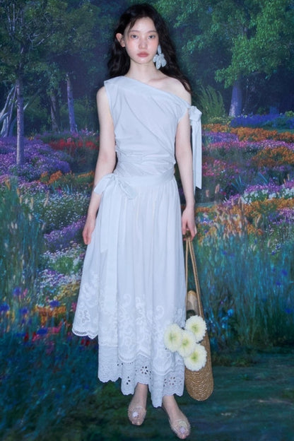 Sunshine Island Tencel Lace-Up Cinched Waist Dress