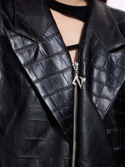 Shoulder Pad Crocodile Pattern PU Leather Jacket