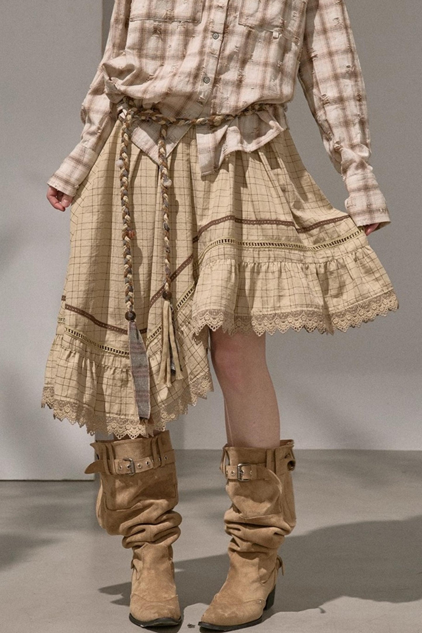 Wave Stitching Plaid Midi Skirt