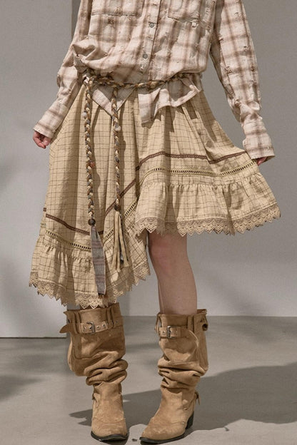 Wave Stitching Plaid Midi Skirt