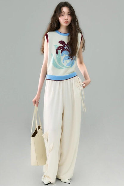 Three-Dimensional Calla Lily Linen Blend Wide-Leg Pants
