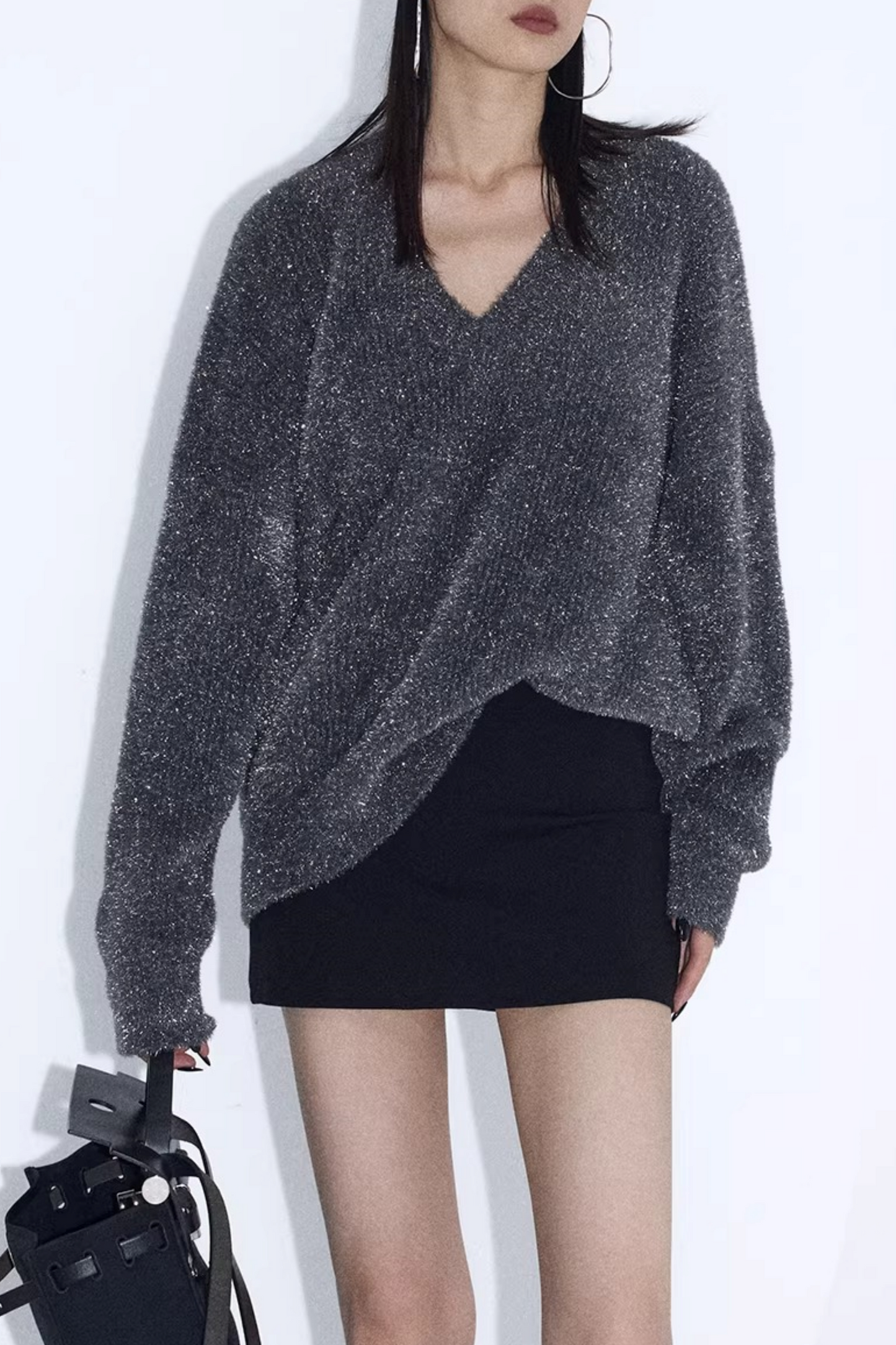 Silberner Faden V-Ausschnitt Strickpullover