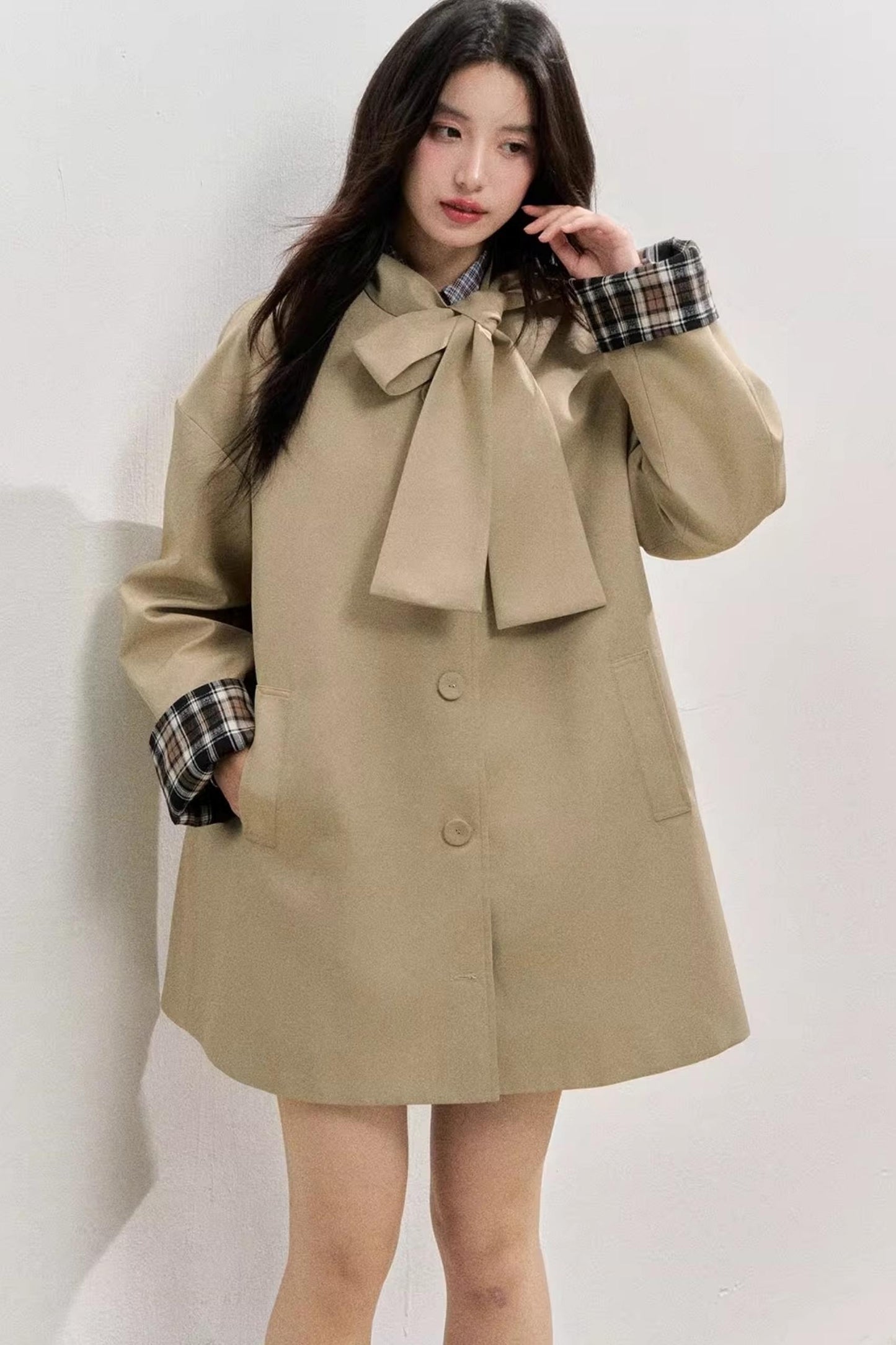 Vintage Bow Plaid Trench Coat