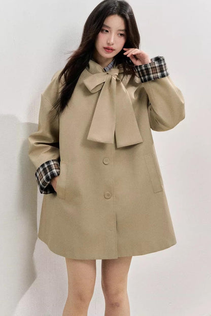 Vintage Bow Plaid Trench Coat