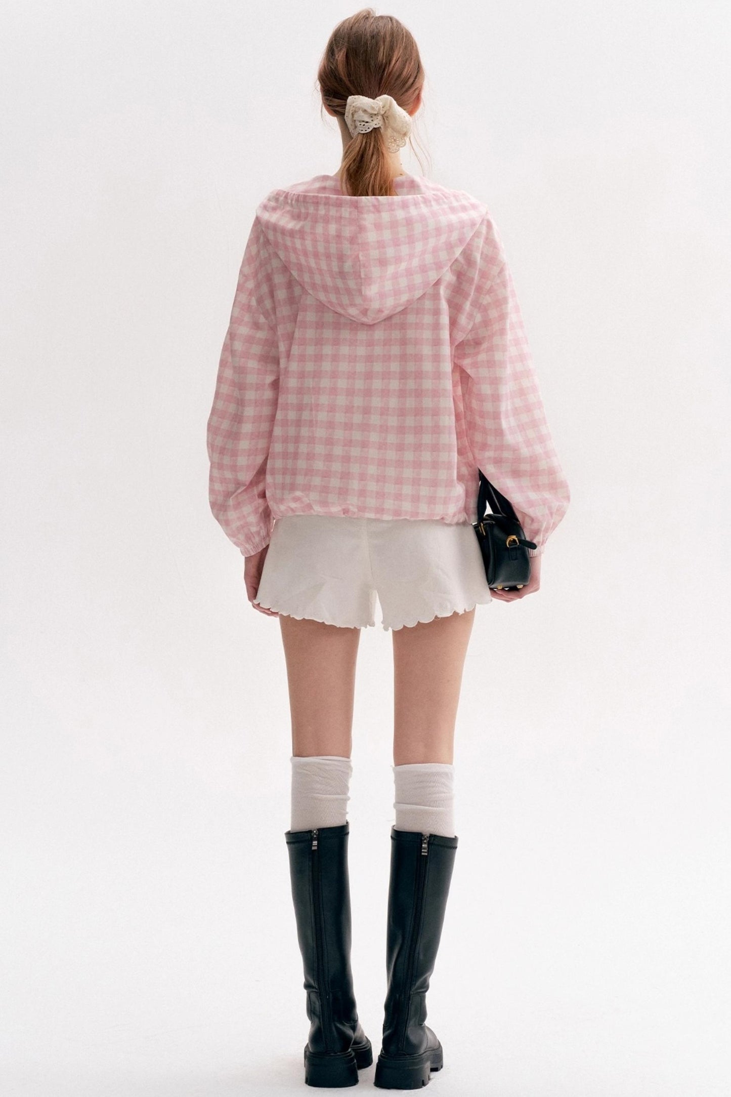 Cream Pink Plaid Lace Hooded Pullover Top